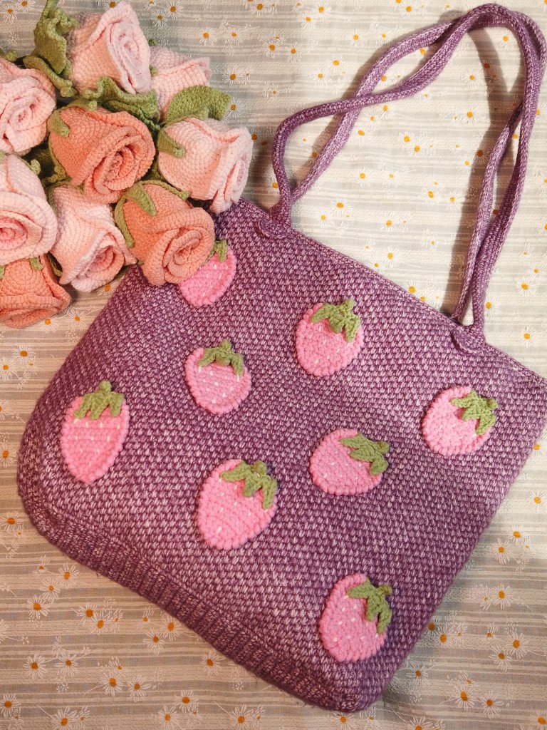 Strawberry Tunisian Crochet Tote Bag